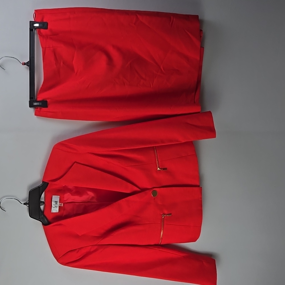 Le Suit Womens Red 2 Pc Blazer Skirt Suit Sz 8 Career Business Professional